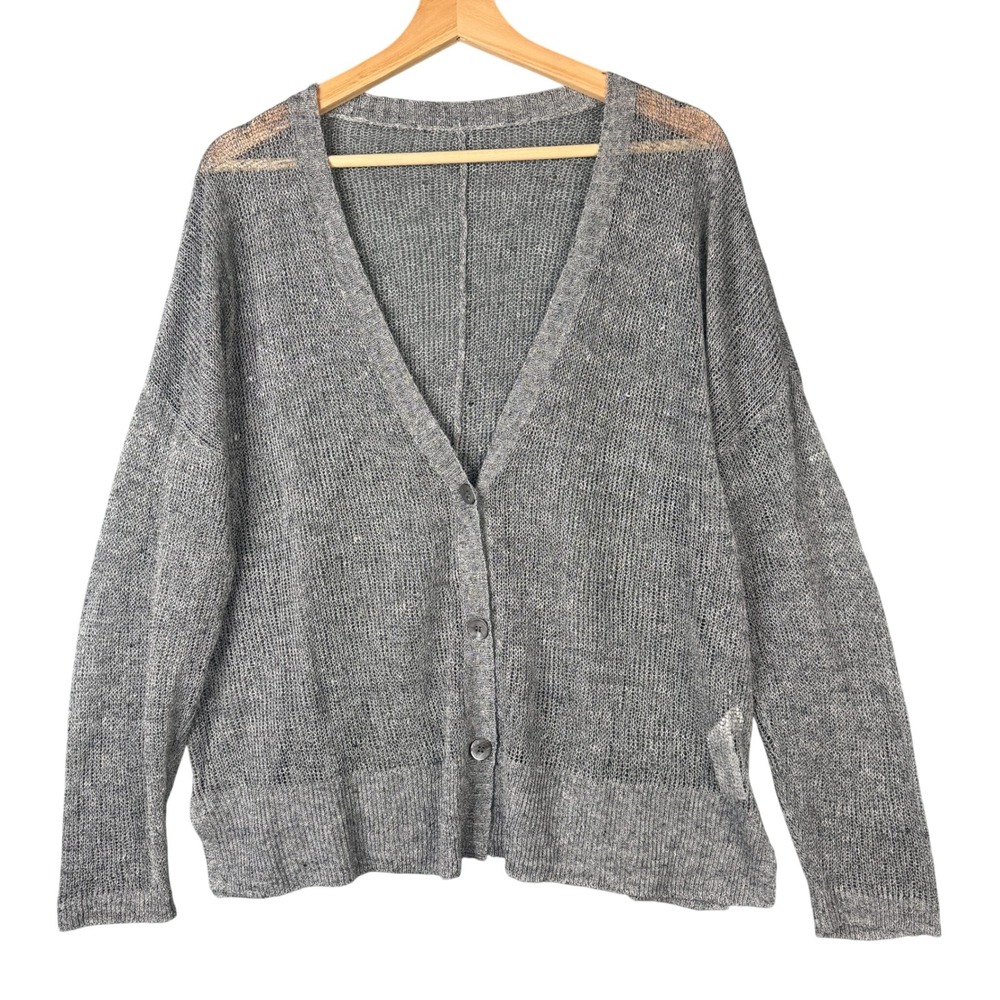 Eileen Fisher Gray Linen Cotton Open Knit Button Cardigan Sweater Lagenlook